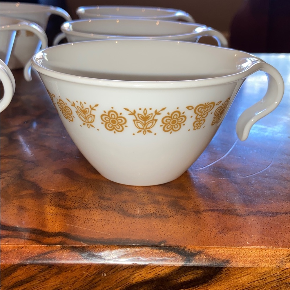 6 Corelle by Corning Vintage Butterfly Gold Floral Pattern White Hook Mugs Cups